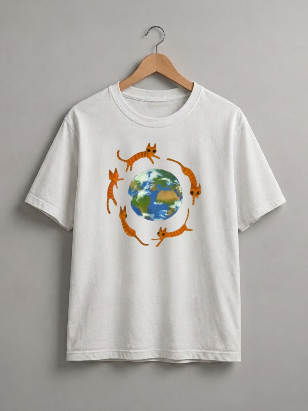 White Tee with Orange Cats and Earth Graphic